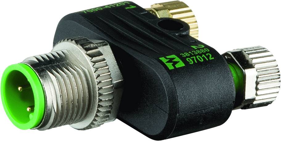Un connecteur électronique noir avec des bornes vertes et un filetage métallique pour applications industrielles.