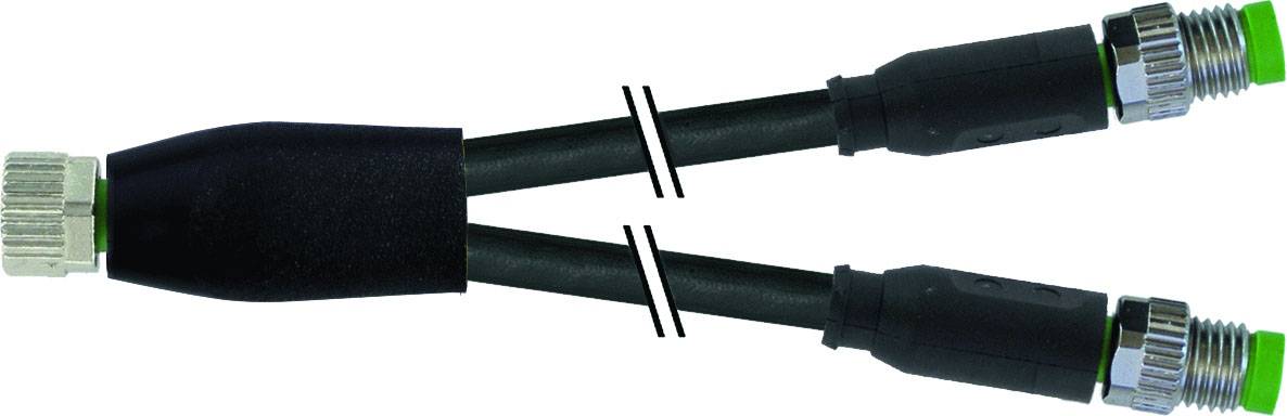 'Câble adaptateur Y noir avec un connecteur métallique d'un côté et deux câbles noirs avec des embouts verts de l'autre côté.'