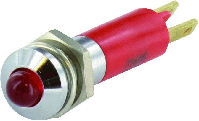 Un bouton-poussoir rouge avec un boîtier métallique et deux bornes de connexion, couramment utilisé dans les appareils électroniques pour les fonctions de commande.