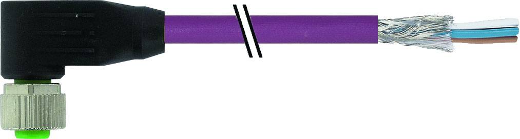 Un câble violet avec une connexion verte et des fils dénudés à l'extrémité pour illustrer l'intérieur du câble.