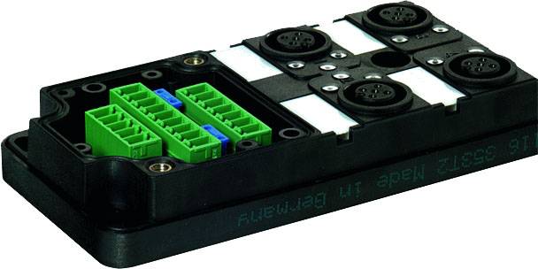 Un module de connexion électrique noir avec des connecteurs verts et bleus, entouré de cinq prises rondes sur sa surface supérieure.