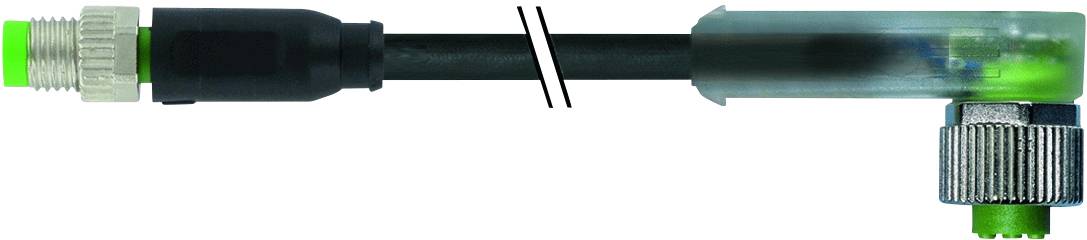 Connexion de câble avec un connecteur vert et un adaptateur transparent coudé. Reliés par un segment de câble noir.