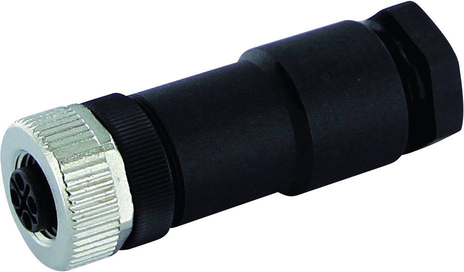 Un connecteur cylindrique noir avec une extrémité striée argentée, adapté pour des connexions électriques dans des conditions industrielles.