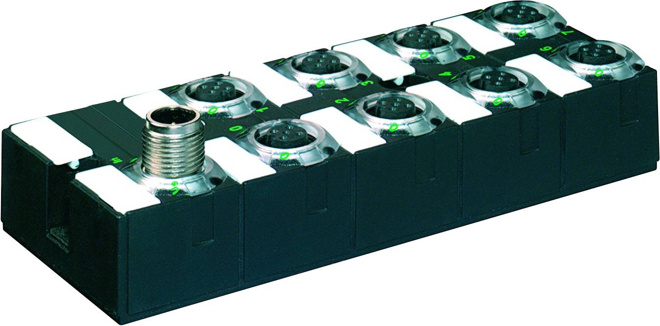 Un module de connexion noir avec plusieurs connecteurs ronds et un connecteur métallique central sur le côté gauche.