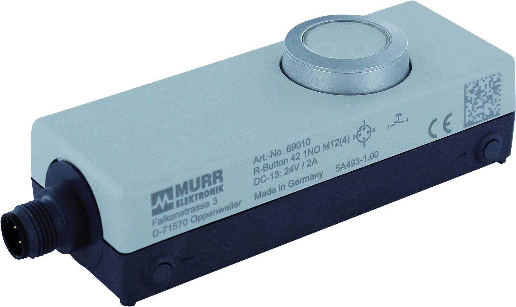 Un dispositif rectangulaire de Murr Elektronik avec un bouton rond argenté sur le dessus, numéro de modèle 69010, fabriqué en Allemagne.