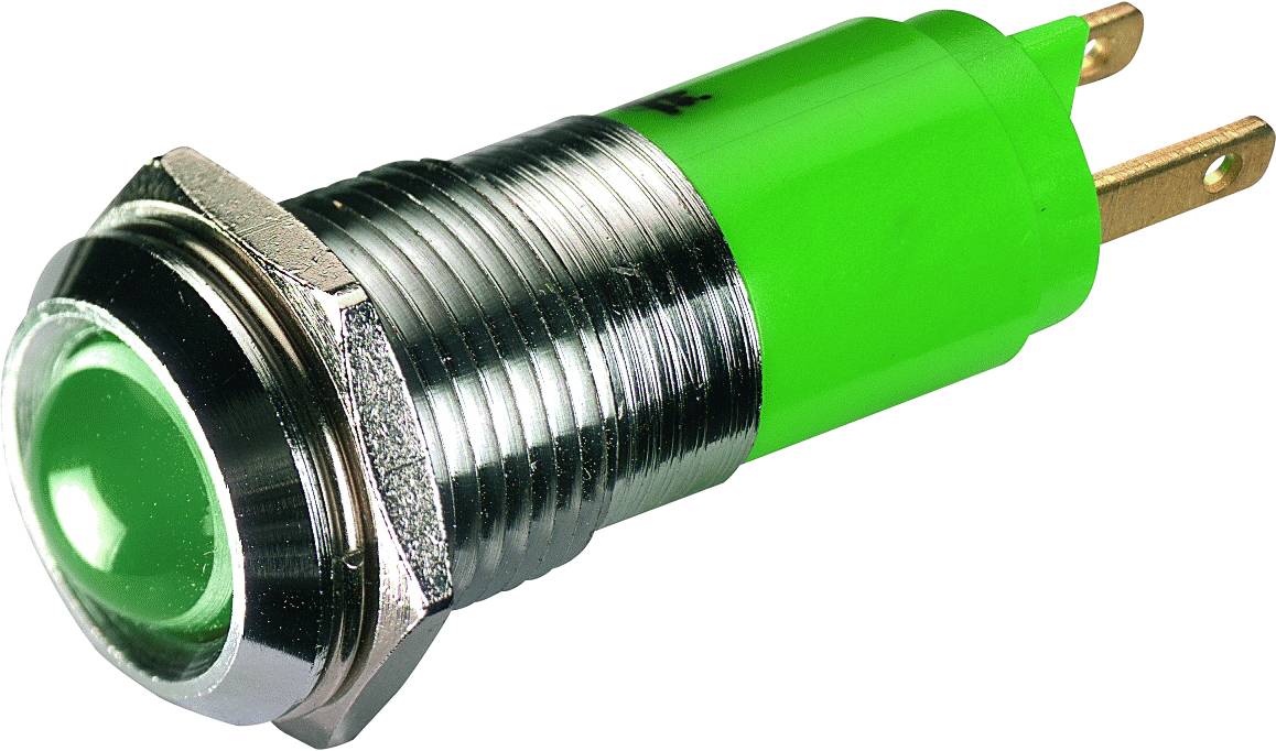 Interrupteur LED vert en boîtier métallique, avec capuchon rond et deux broches de connexion. Idéal pour les applications électroniques.