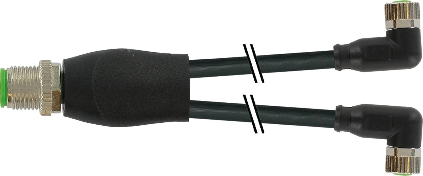 Un câble de connexion en Y noir avec une connexion métallique d'un côté et deux prises coudées de l'autre côté.