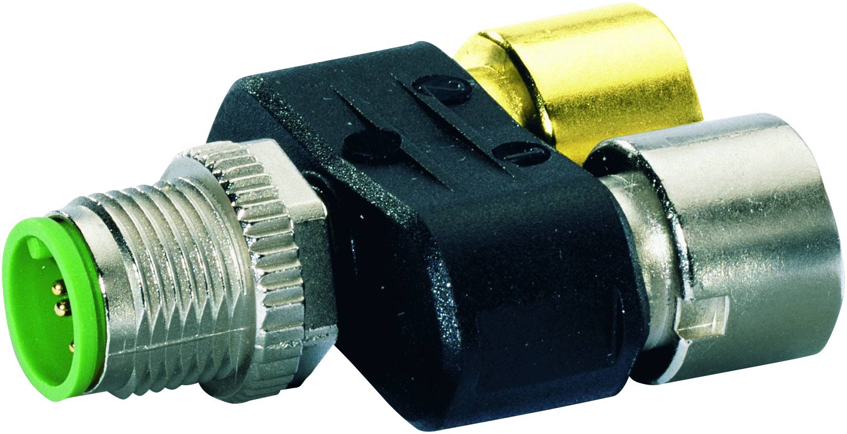 Un adaptateur électrique en forme de T avec une prise verte, une partie centrale noire et des connexions métalliques. Adapté aux applications industrielles.