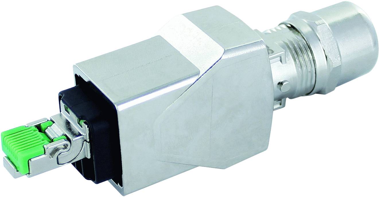 Un connecteur à fibre optique avec un boîtier argenté et un clip vert, utilisé dans les réseaux à fibre optique pour des transmissions de données à haute vitesse.
