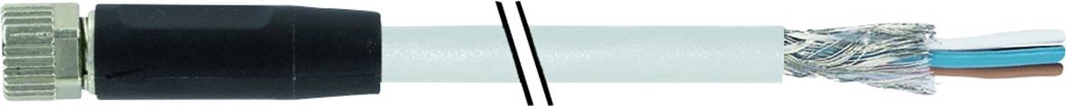 Un câble réseau CAT5e blindé avec connecteur. Montre les détails du blindage interne et des paires de fils.