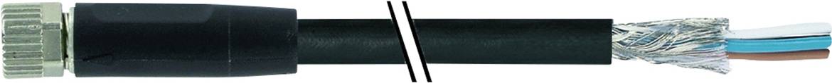 Cross-section of a coaxial cable with connector, black insulation, and exposed conductors at the other end.