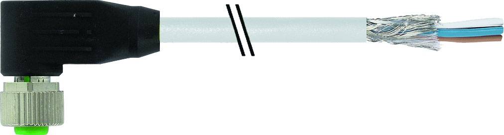 Connecteur coudé avec extrémité de câble ouverte et blindage. Le câble comporte quatre conducteurs de couleurs bleu, marron, gris et blanc.