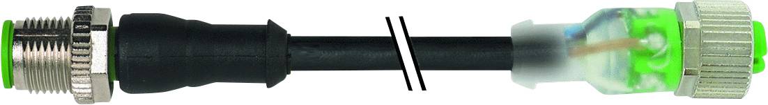 Câble de connexion industriel avec deux bornes différentes ; côté gauche en métal, côté droit vert transparent.