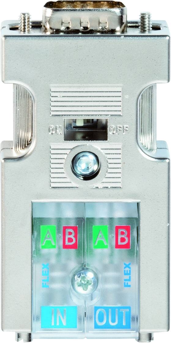 'Commutateur VGA métallique avec emplacements pour 'A' et 'B', commutateur marche/arrêt et indicateur LED entrée/sortie. Deux vis argentées en haut.'