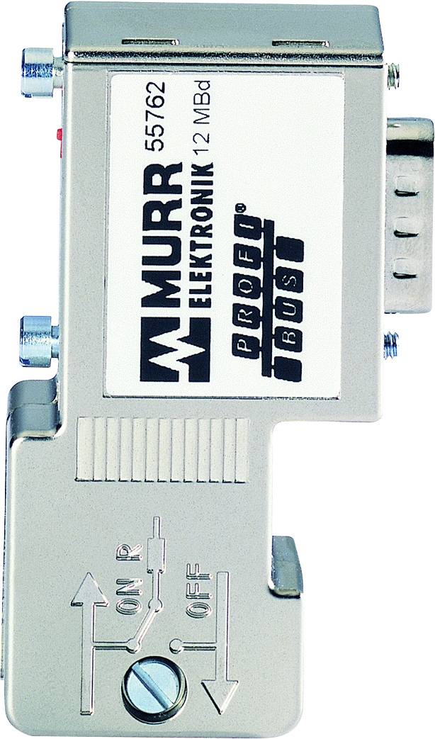Connecteur de diagnostic PROFIBUS de Murr Elektronik, numéro de modèle 55762, avec interrupteurs réglables ON/OFF sur le boîtier.