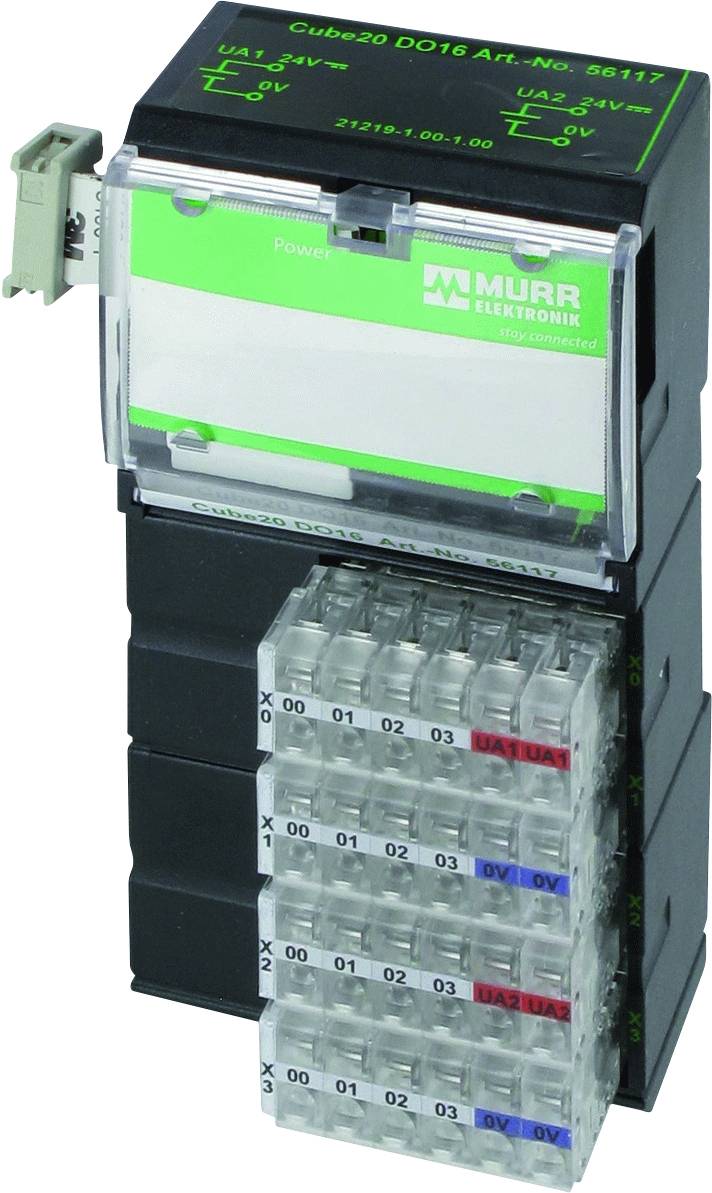 Module électronique de la marque Murr Elektronik avec un marquage vert. Il dispose de plusieurs emplacements et de voyants LED en haut.