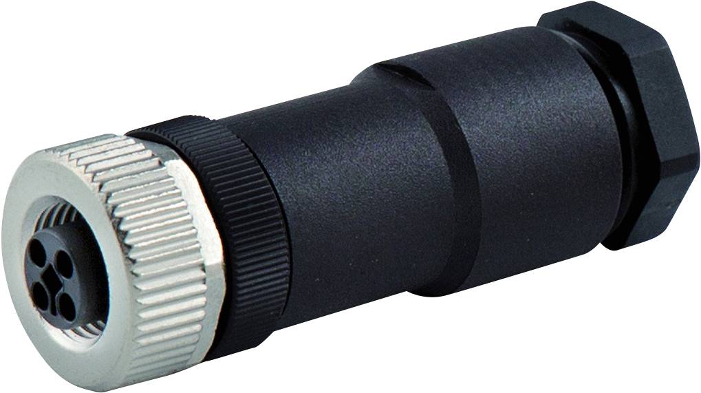 Connecteur noir, cylindrique, avec une bague en argent cannelée. Adapté aux applications industrielles.
