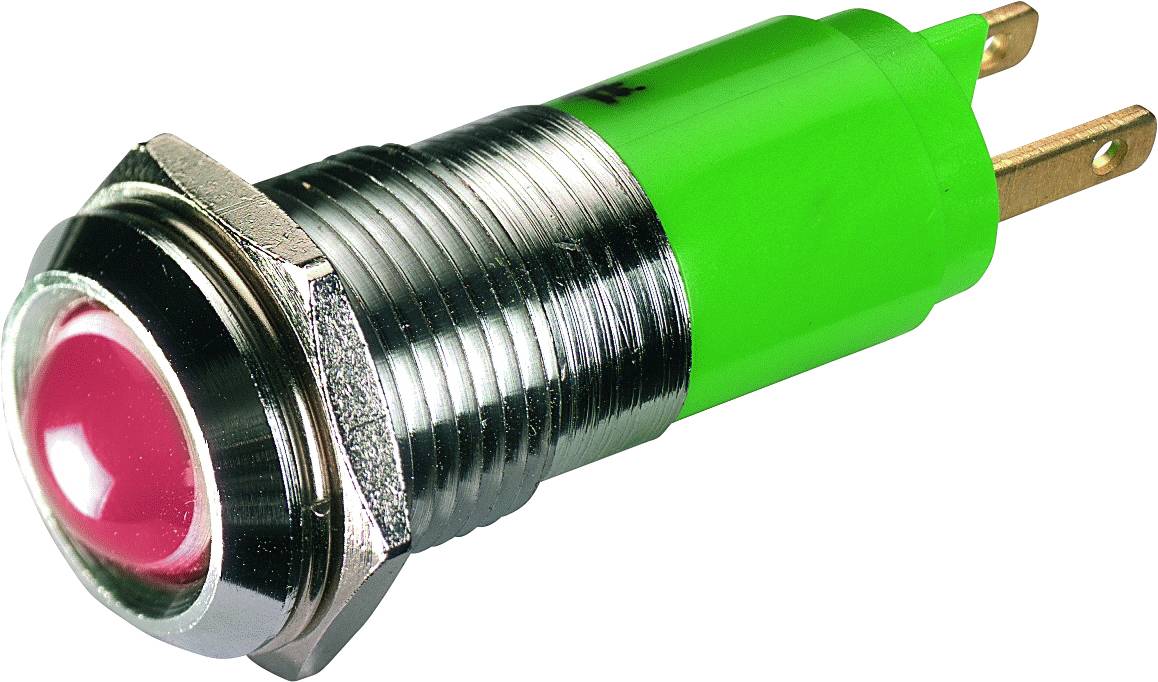 Un voyant LED vert avec un bouton rouge et deux bornes métalliques, souvent utilisé dans des appareils électroniques.