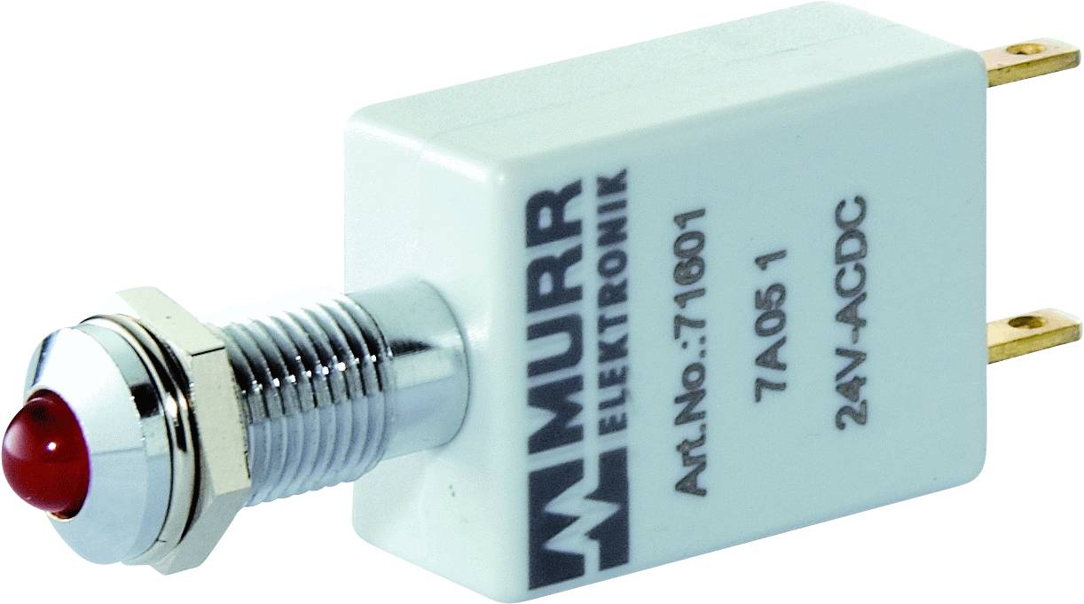 Composant électronique de Murr Elektronik avec bouton-poussoir rouge, numéro d'article 716001, 7A 0,51, 24V-ACDC, présenté dans un boîtier blanc.