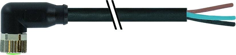 Un connecteur coudé à 90 degrés avec un câble noir et trois conducteurs de couleur (bleu, vert, marron) est représenté.
