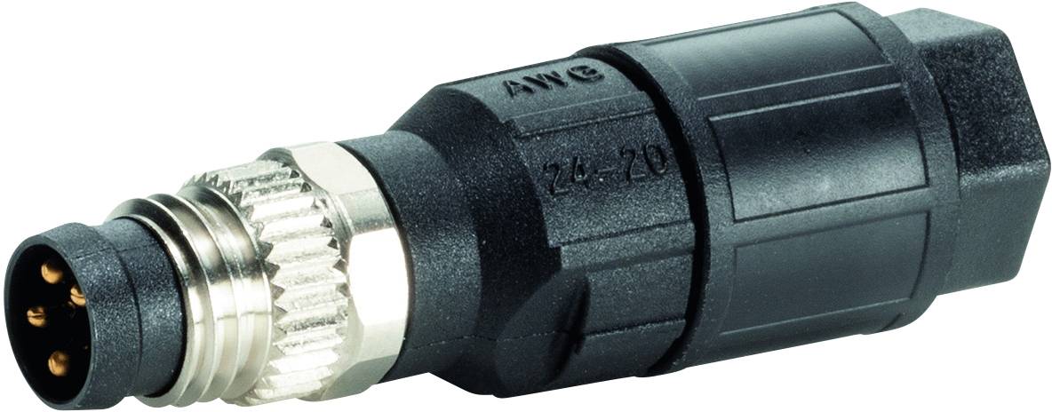 Connecteur M12 noir avec filetage métallique et quatre broches, pour la connexion industrielle d'appareils et de capteurs.