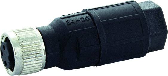 Connecteur cylindrique noir avec un raccord à vis métallique, adapté aux connexions électriques dans des environnements robustes.