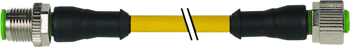 Câble jaune avec des embouts de connecteur noirs et des connecteurs métalliques aux deux extrémités, représenté sur un fond blanc.