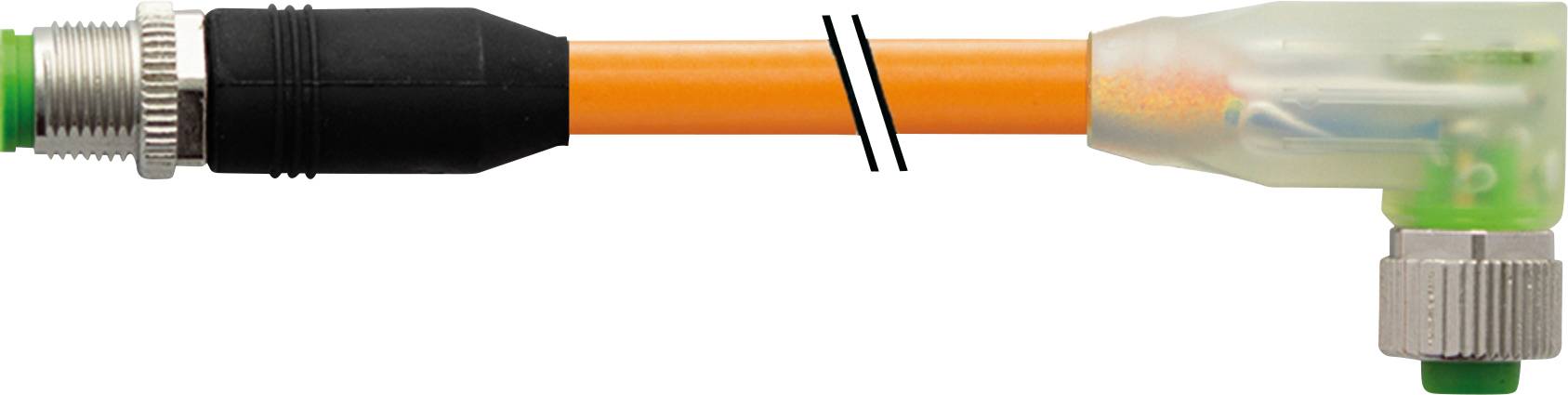 Un câble orange avec un connecteur noir à gauche et un connecteur en forme de L transparent à droite.