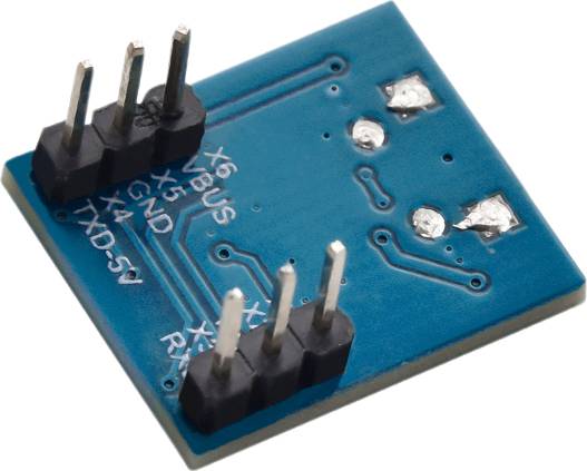 Un module de circuit imprimé bleu avec plusieurs broches et points de soudure, probablement destiné à la connexion et à la communication électronique entre des appareils.