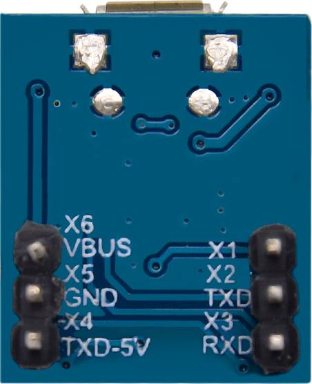 Module électronique avec plusieurs connexions, étiqueté 'X6', 'VBUS', 'X5', 'GND', 'X4', 'TXD-5V', 'X1', 'X2', 'TXD', 'RXD'.