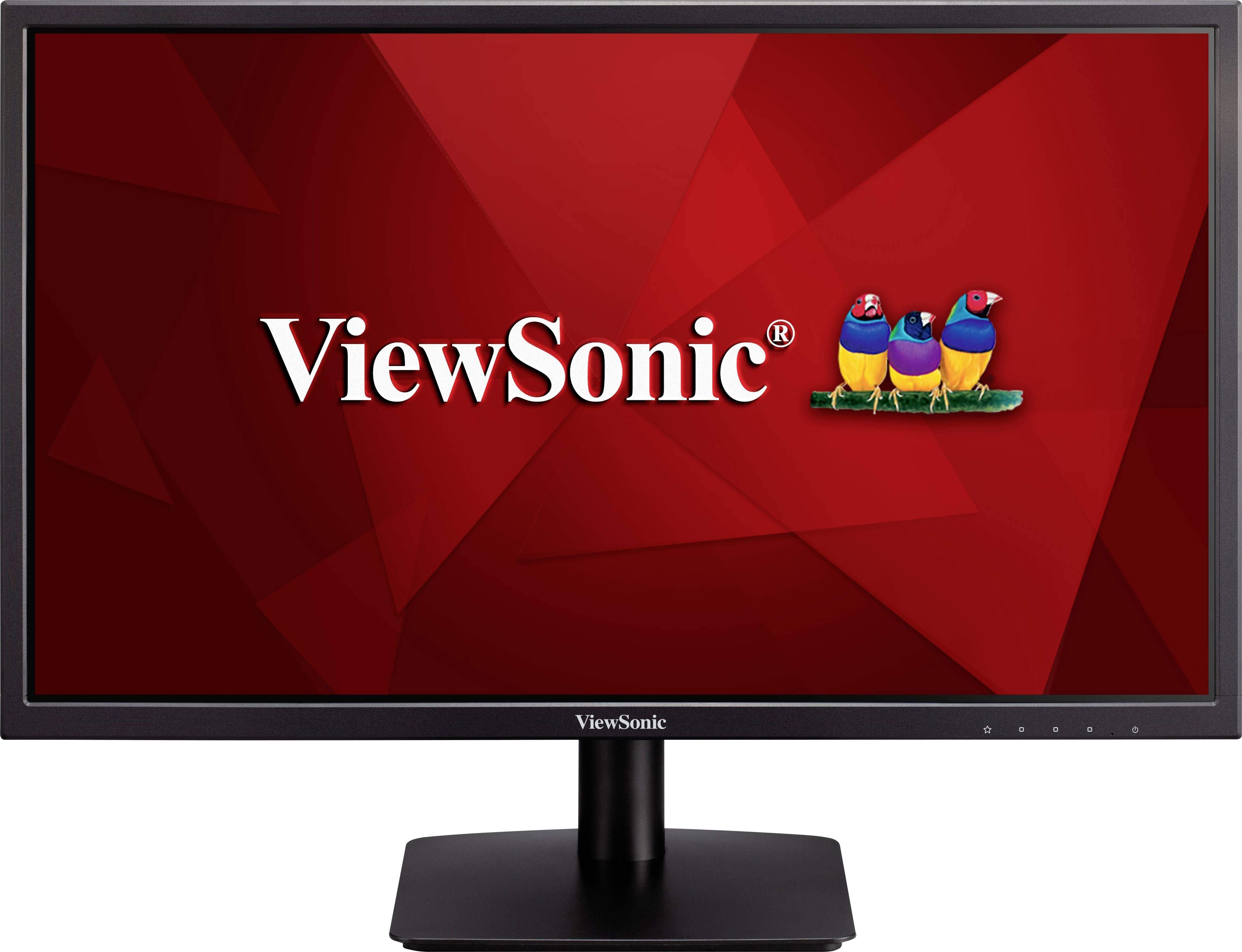Un écran d'ordinateur avec un fond rouge affiche le logo 'ViewSonic' et trois oiseaux stylisés.