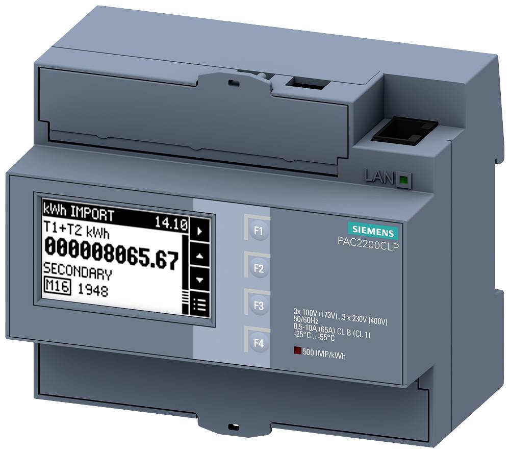 Compteur électrique Siemens PAC2200CLP avec affichage numérique pour kWh, valeurs de mesure actuelles et connexion réseau.
