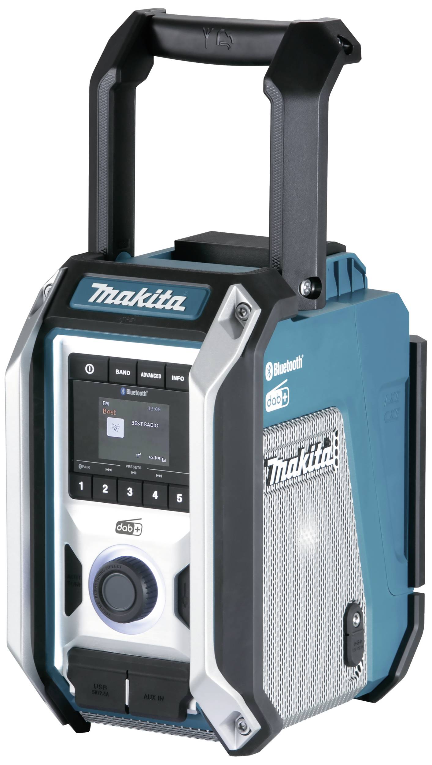 Un poste de radio portable de chantier en bleu et noir avec fonction Bluetooth, boîtier robuste, grande poignée et touches de commande à l'avant.
