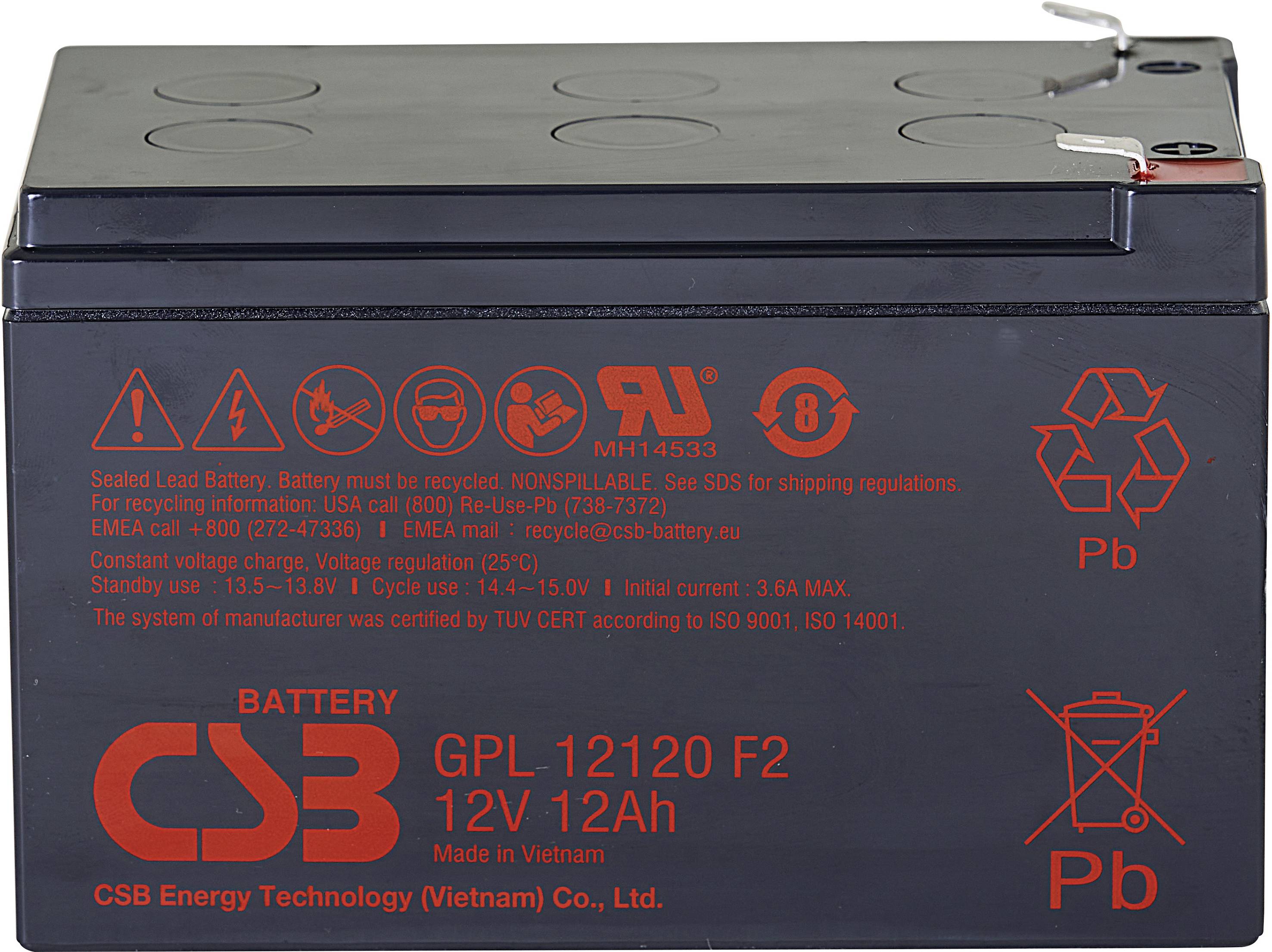 CSB Battery GPL 12120 GPL12120F2 Batterie au plomb 12 V 12 Ah plomb (AGM) (l x H x P) 151 x 100 x 98 mm cosses plates 6,35 mm