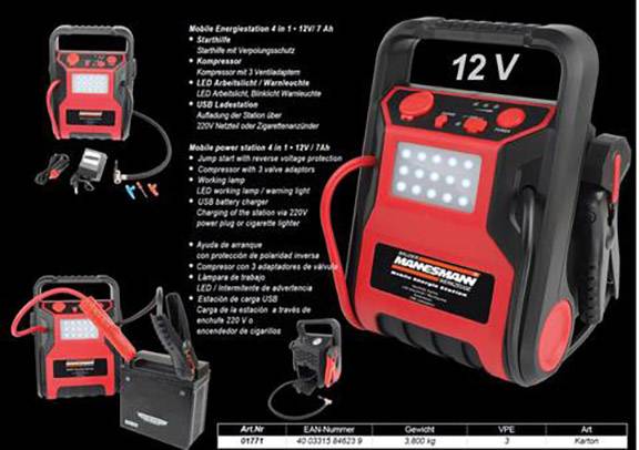 Aide au démarrage 12V, lumière de travail LED, sortie USB, adapté pour le démarrage de batterie de voiture, avec poignée de transport et câble.