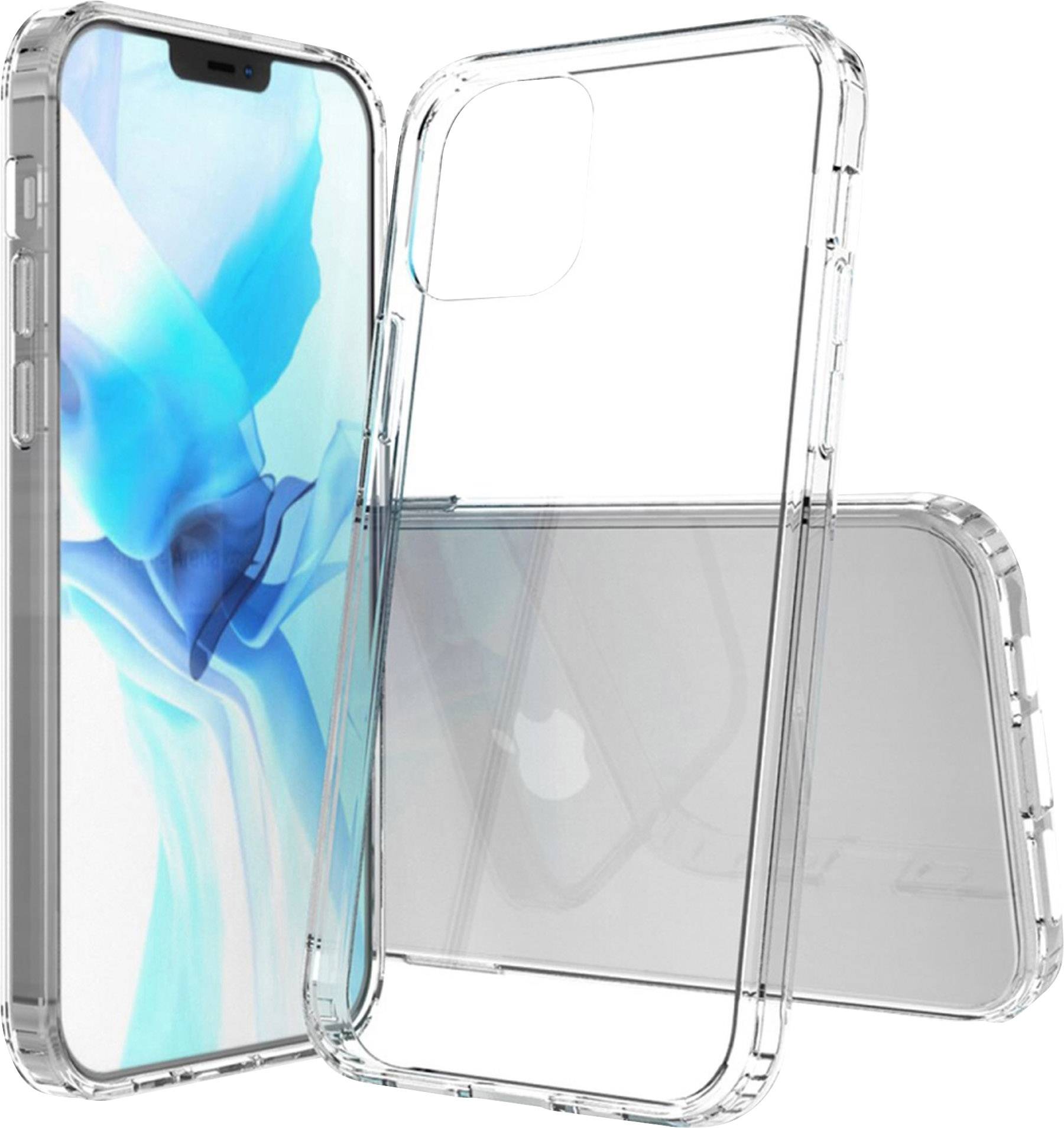 Coque de smartphone transparente montrant l'appareil de face, de dos et de côté ; offre une protection avec un design clair et minimaliste.