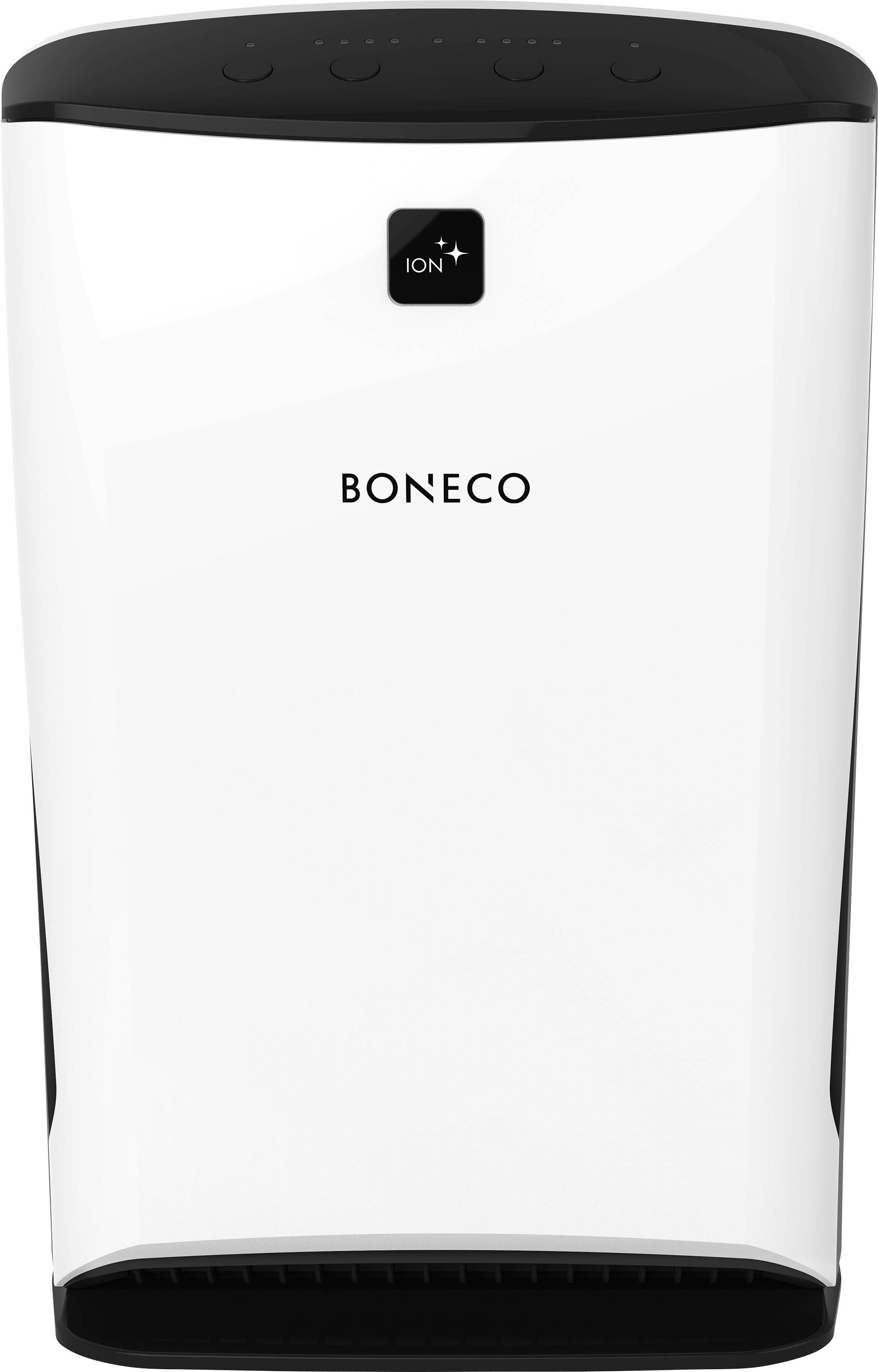 Un purificateur d'air étiqueté 'Boneco ION+' en blanc et noir est placé devant un fond neutre.
