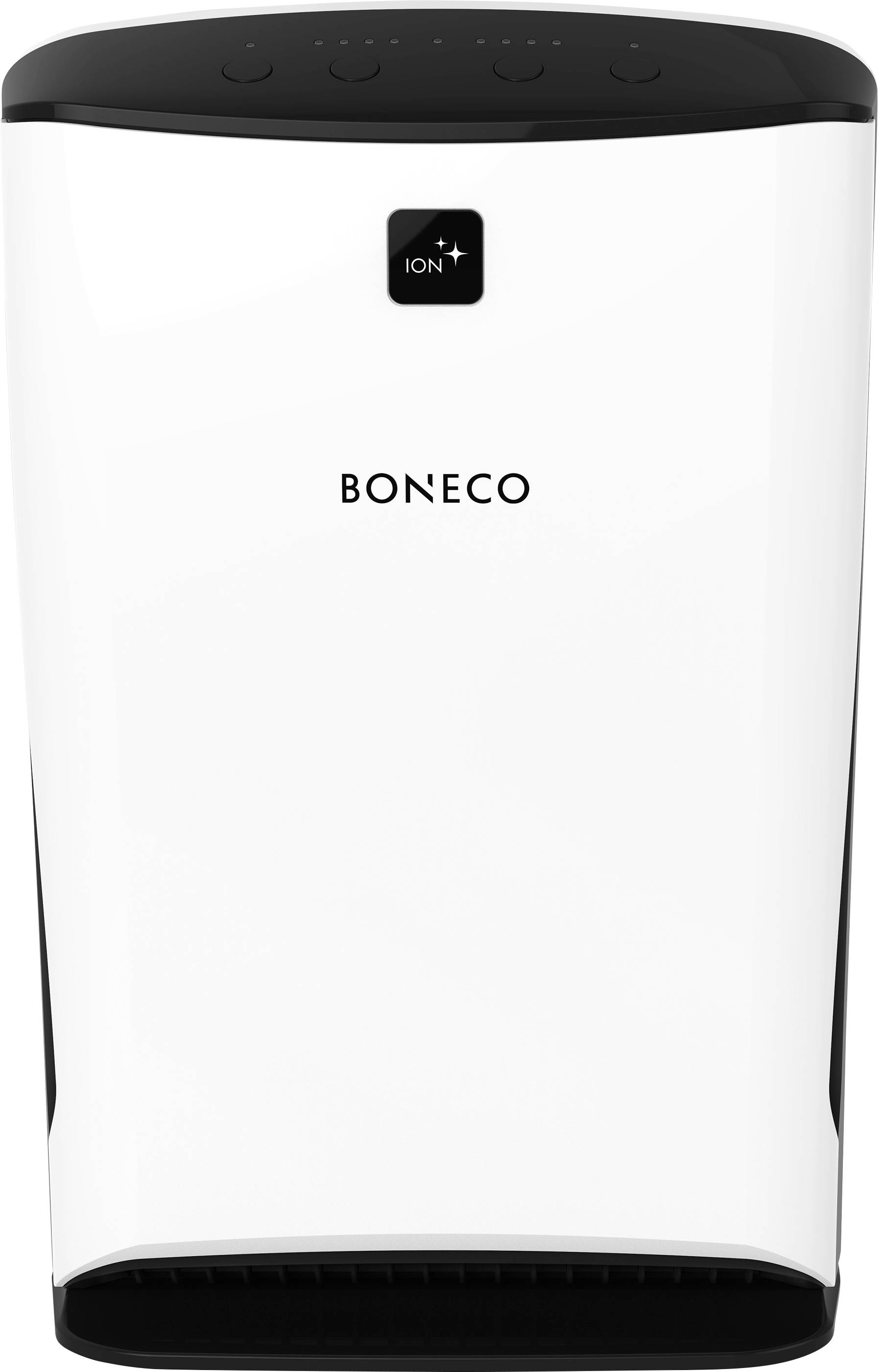 Purificateur d'air en blanc avec un bord noir, portant le nom de marque 'Boneco' sur la face avant, fonction d'ionisation indiquée en haut.