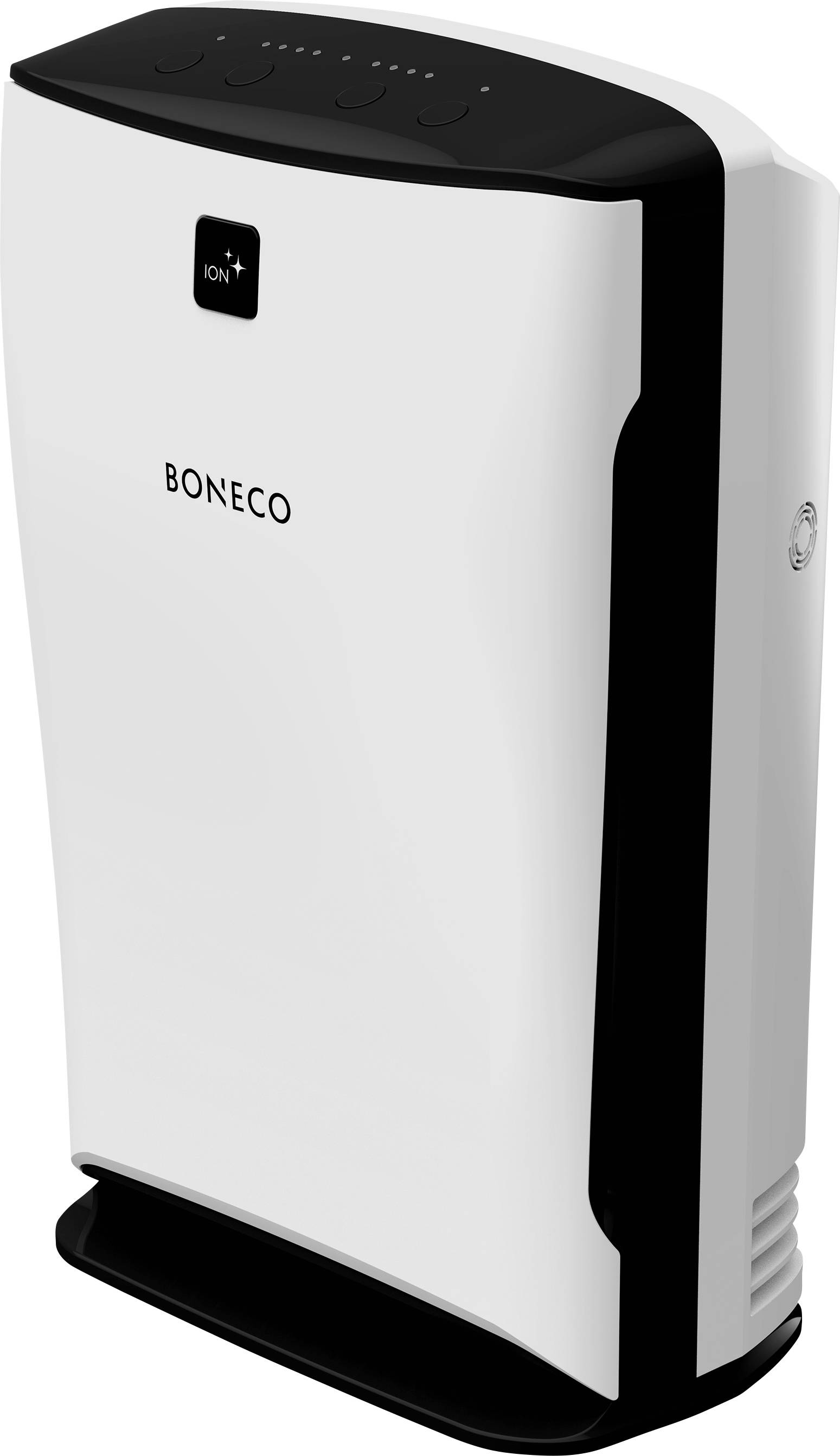 Purificateur d'air Boneco en noir et blanc, au design moderne avec des commandes en haut de l'appareil. Adapté aux espaces intérieurs pour améliorer la qualité de l'air.