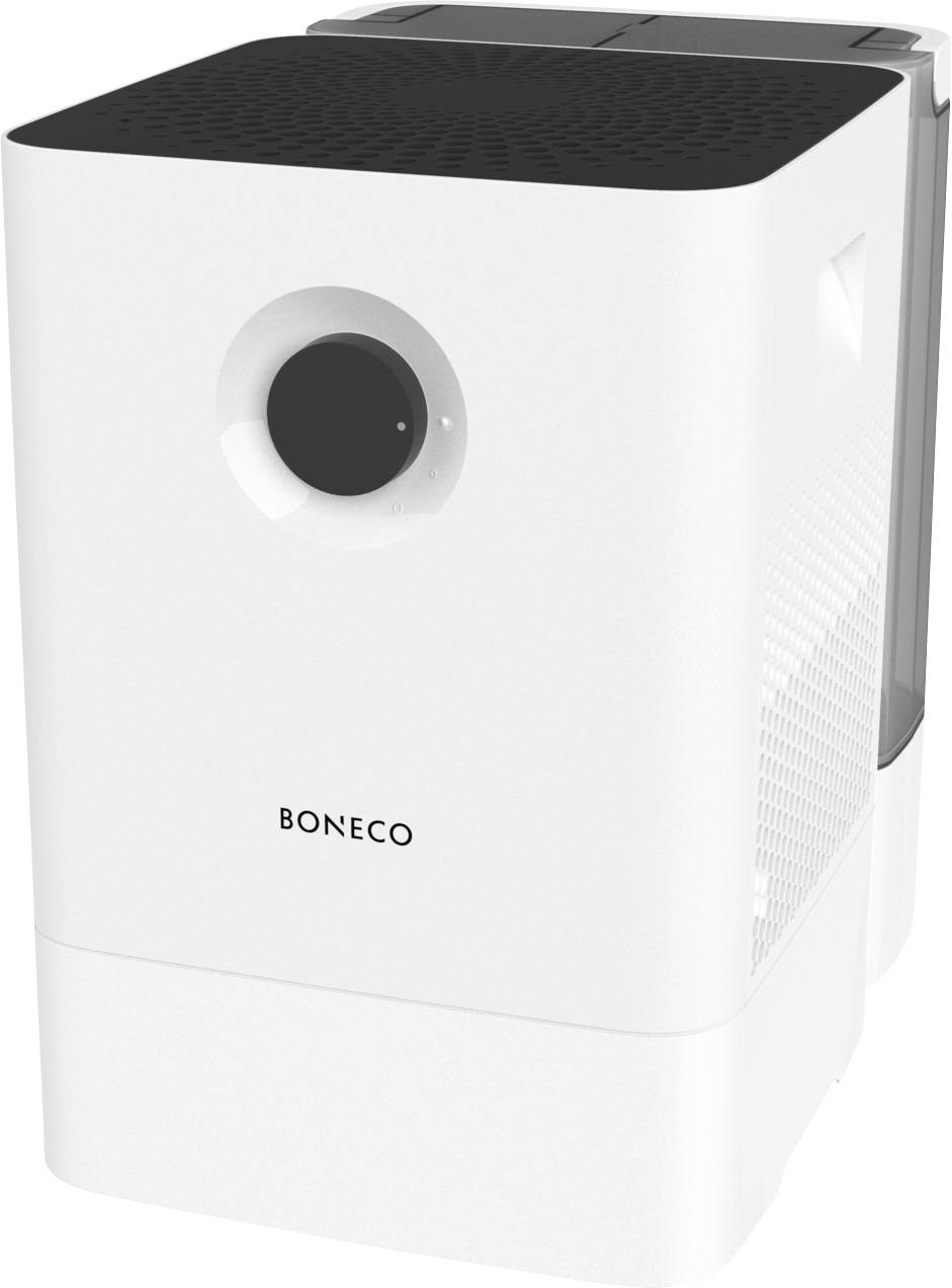 Purificateur d'air compact blanc de la marque Boneco avec un dessus noir. Les côtés présentent un motif structuré. Appareil destiné à améliorer la qualité de l'air.