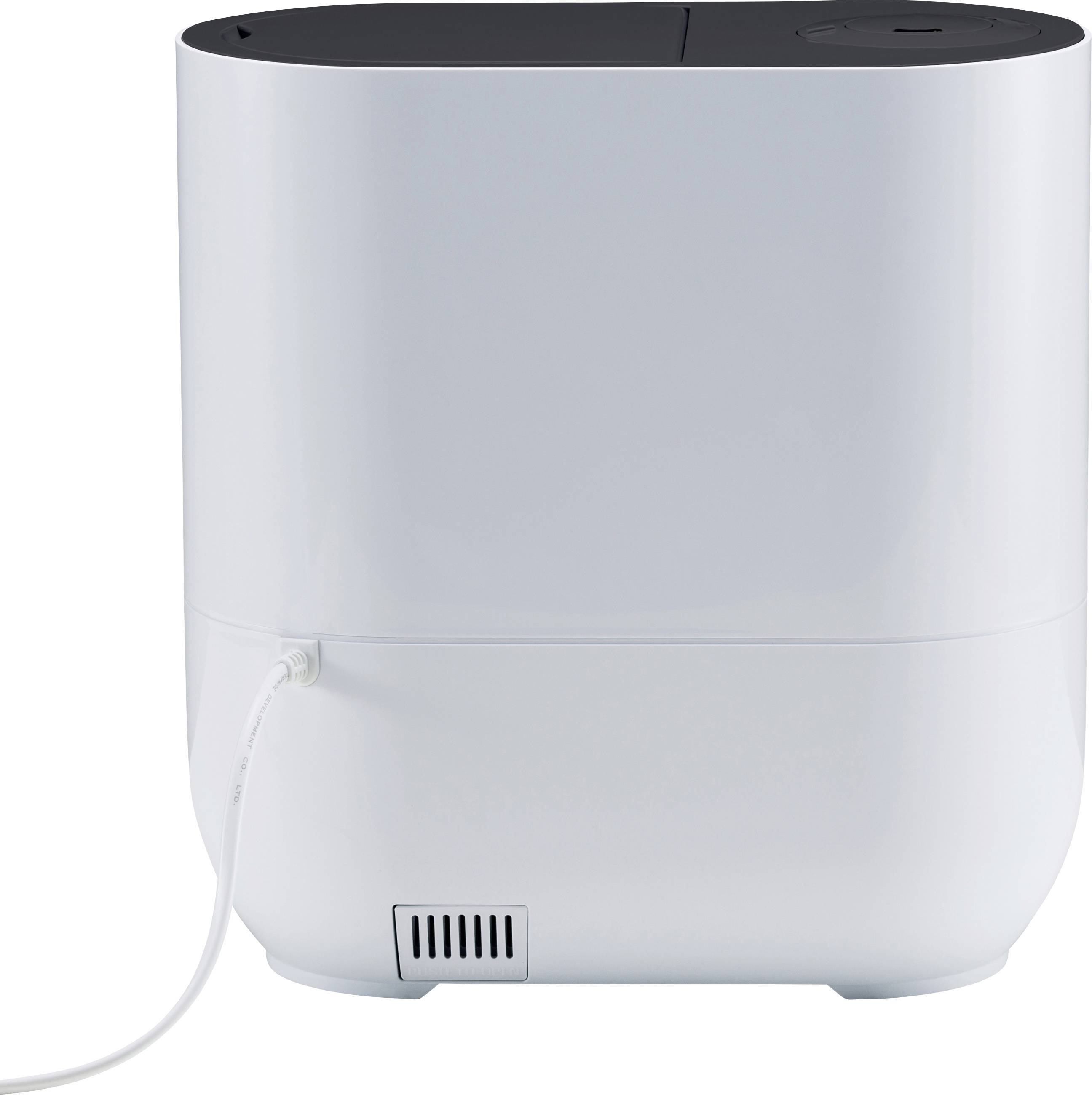 Un humidificateur blanc avec un câble d'alimentation à l'arrière et un panneau de commande noir sur le dessus.