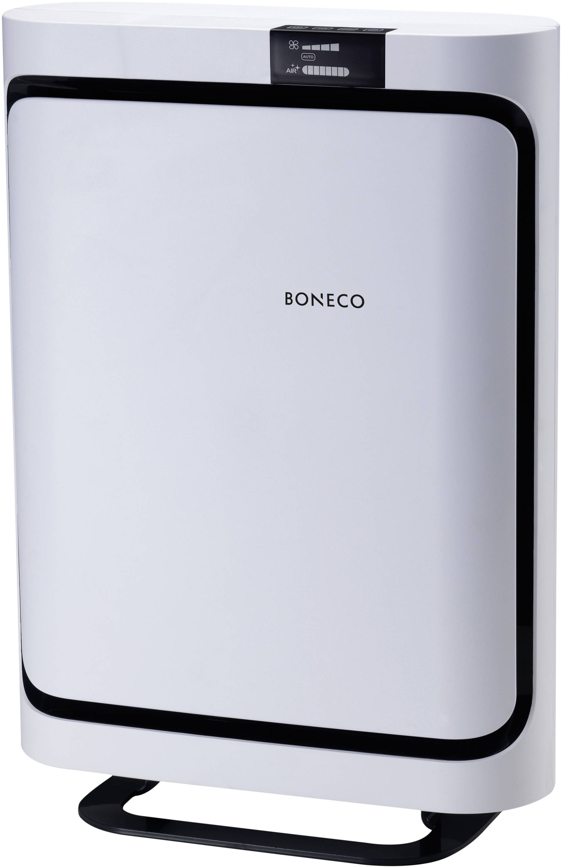 Un purificateur d'air blanc de la marque Boneco avec un affichage numérique sur le dessus. Adapté pour améliorer la qualité de l'air intérieur.