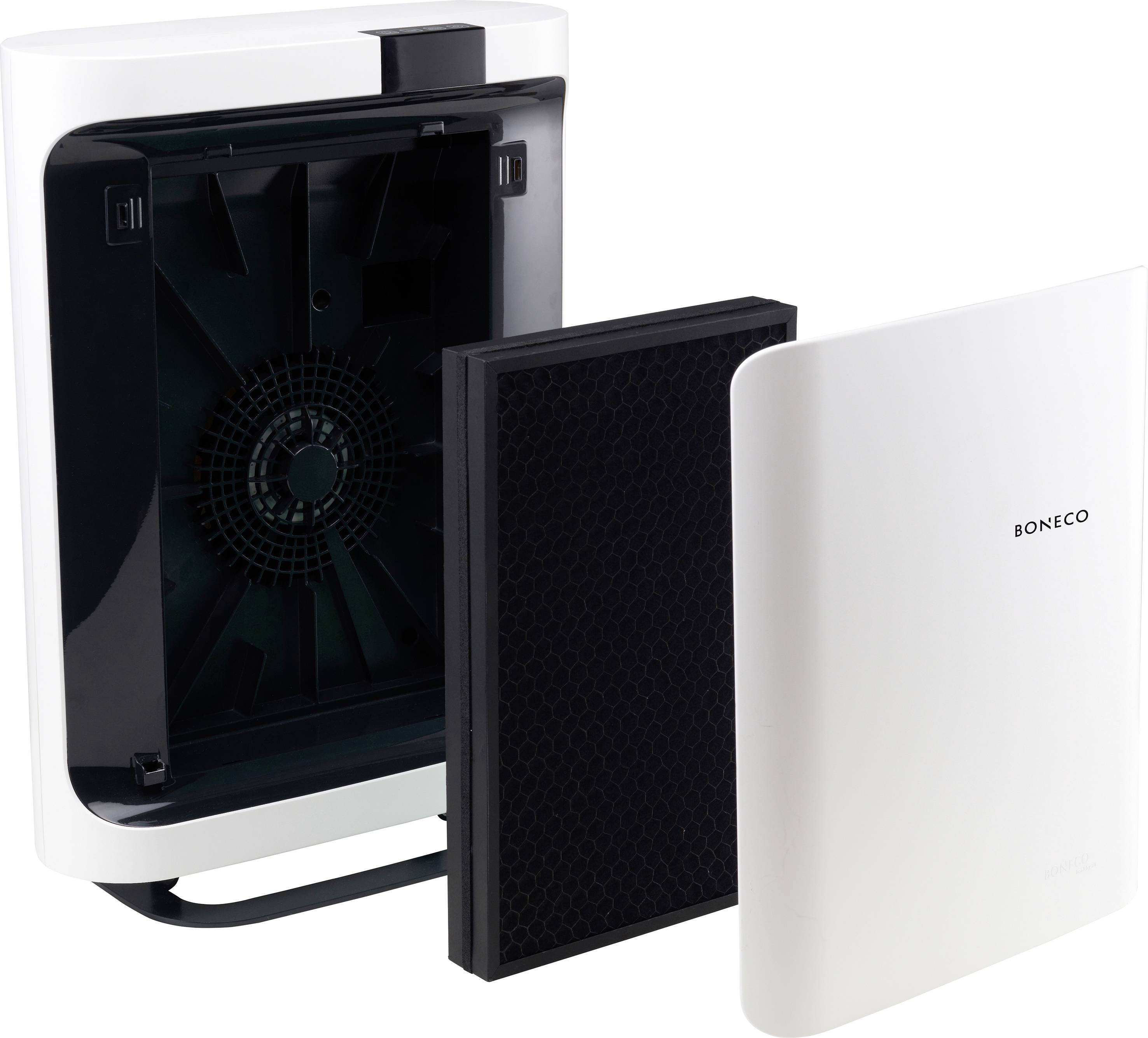 Purificateur d'air à boîtier ouvert montrant les filtres intérieurs et le couvercle retiré. La marque 'Boneco' est visible sur le couvercle.