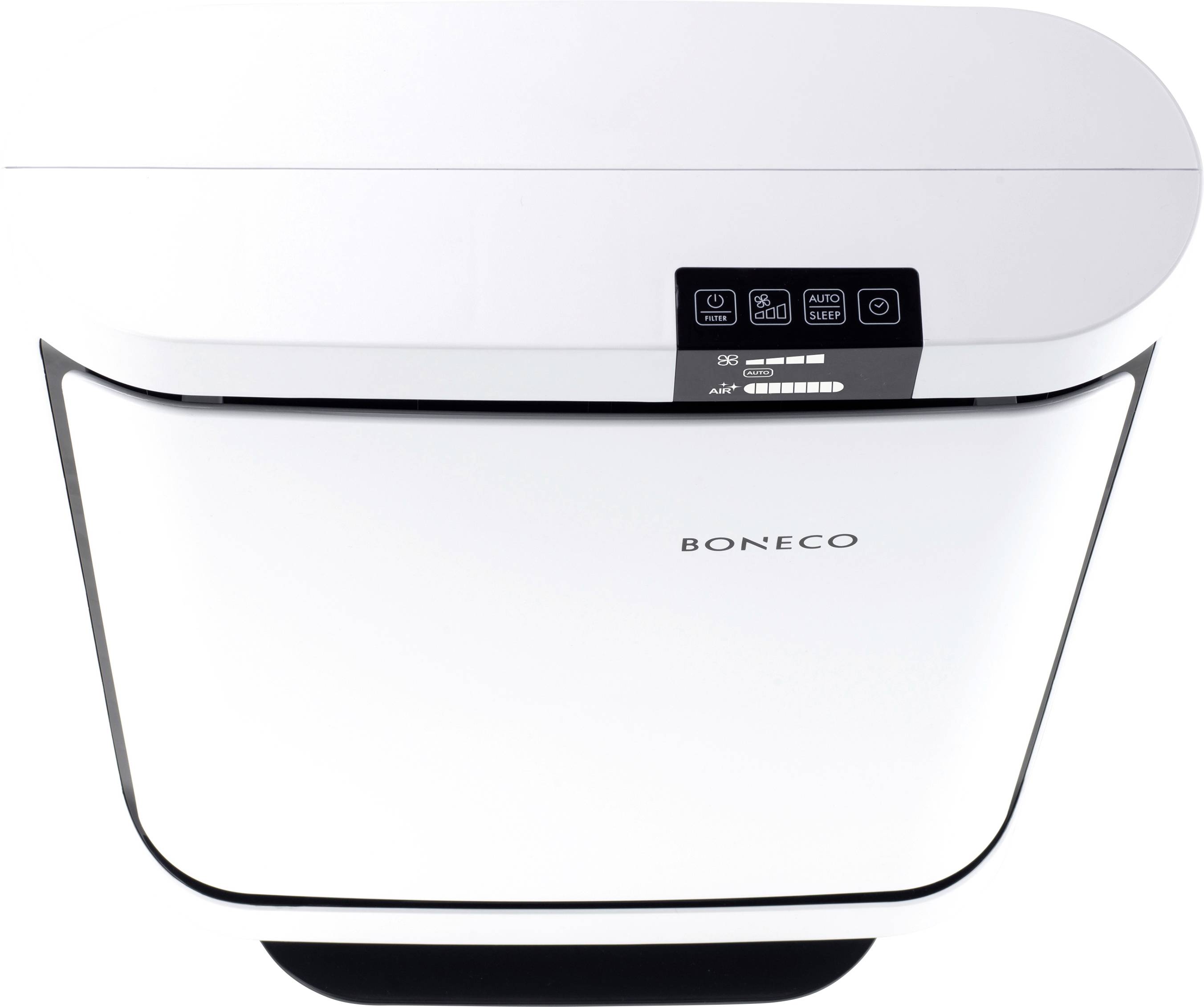 Purificateur d'air vu de dessus, avec un panneau de commande numérique, plusieurs touches pour les réglages de vitesse et des indicateurs lumineux.