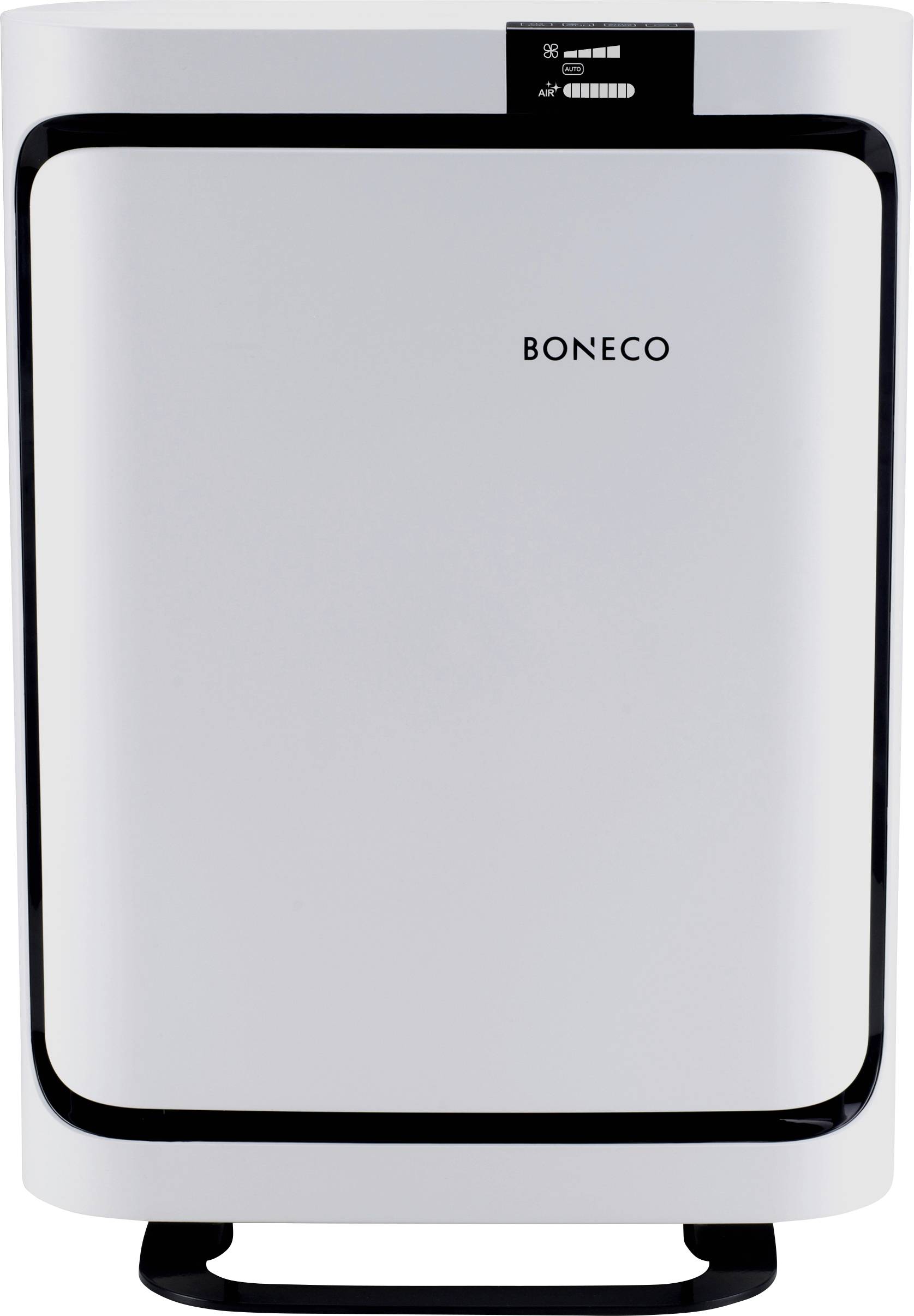 Purificateur d'air Boneco avec un cadre noir et des touches de commande en haut. Boîtier principalement blanc.