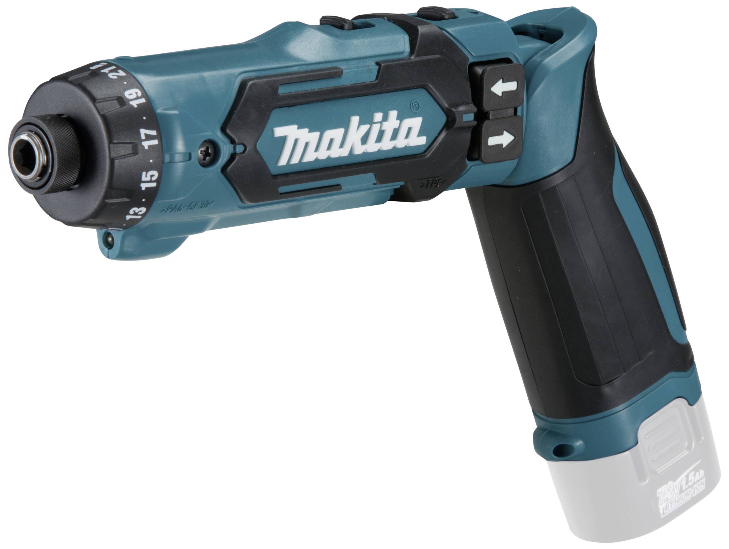 Visseuse sans fil en turquoise, vue latérale, avec réglage du couple et poignée ergonomique. Adaptée aux travaux artisanaux.