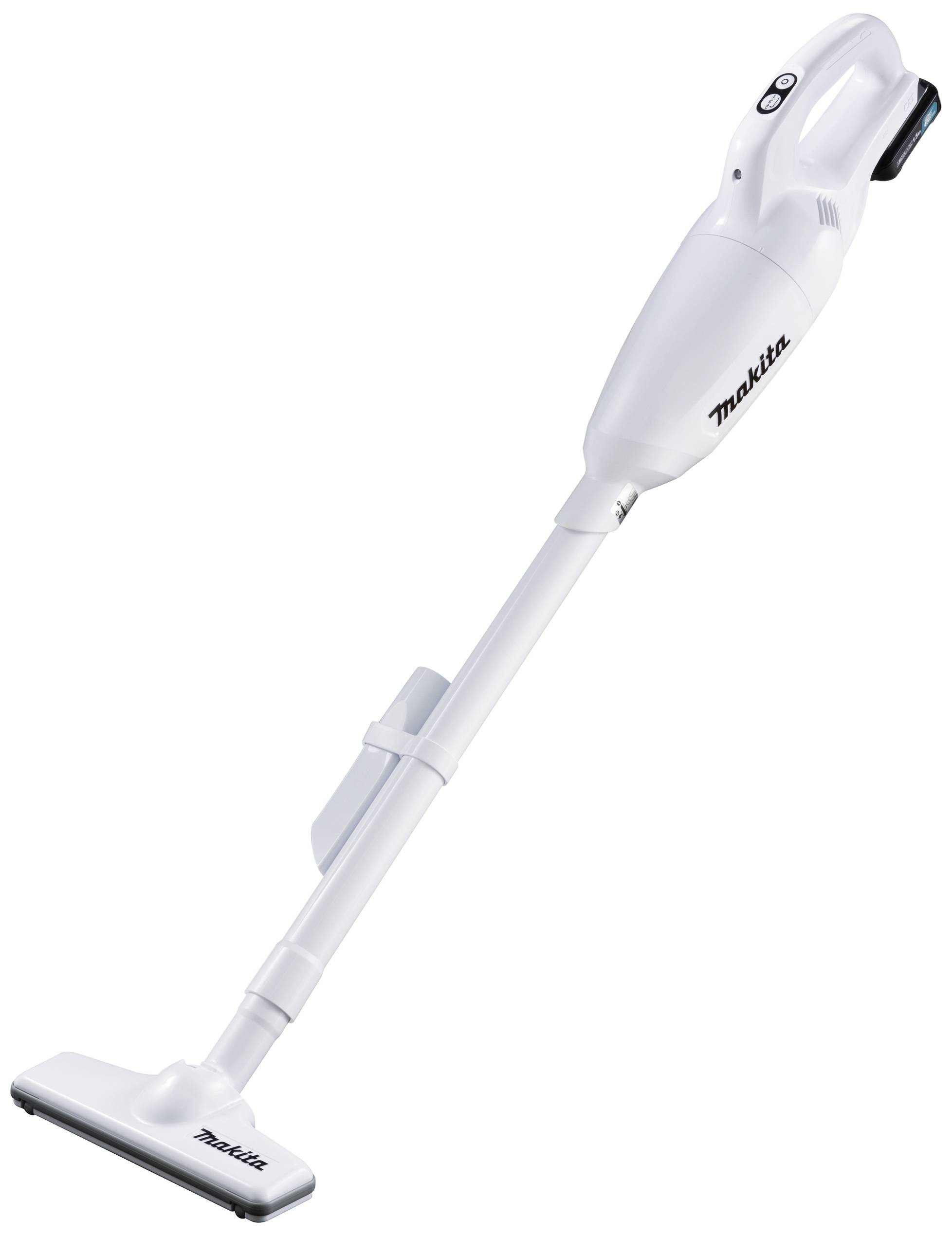 Un aspirateur à main sans fil blanc de la marque Makita, présenté en position diagonale. Adapté pour des tâches de nettoyage légères.