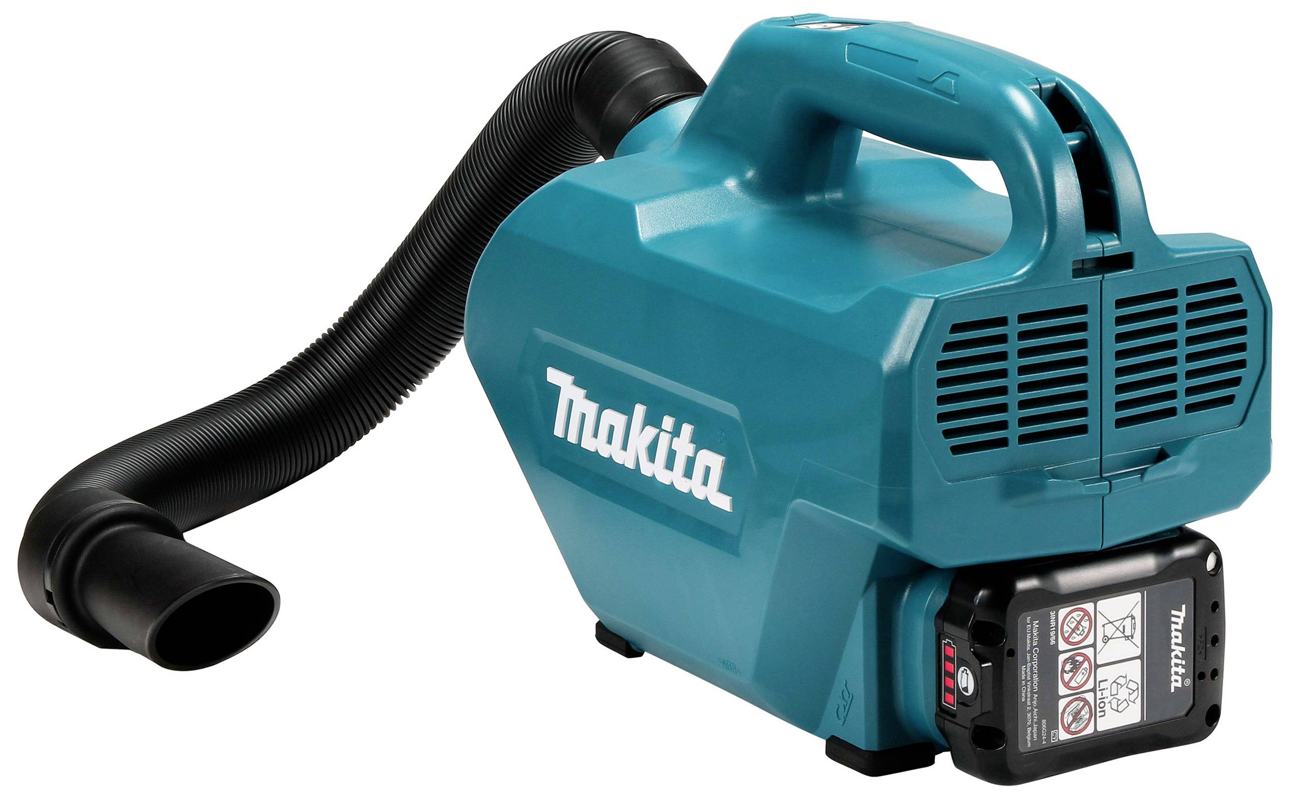 Aspirateur portable Makita à batterie avec tuyau flexible, dans un coloris turquoise.