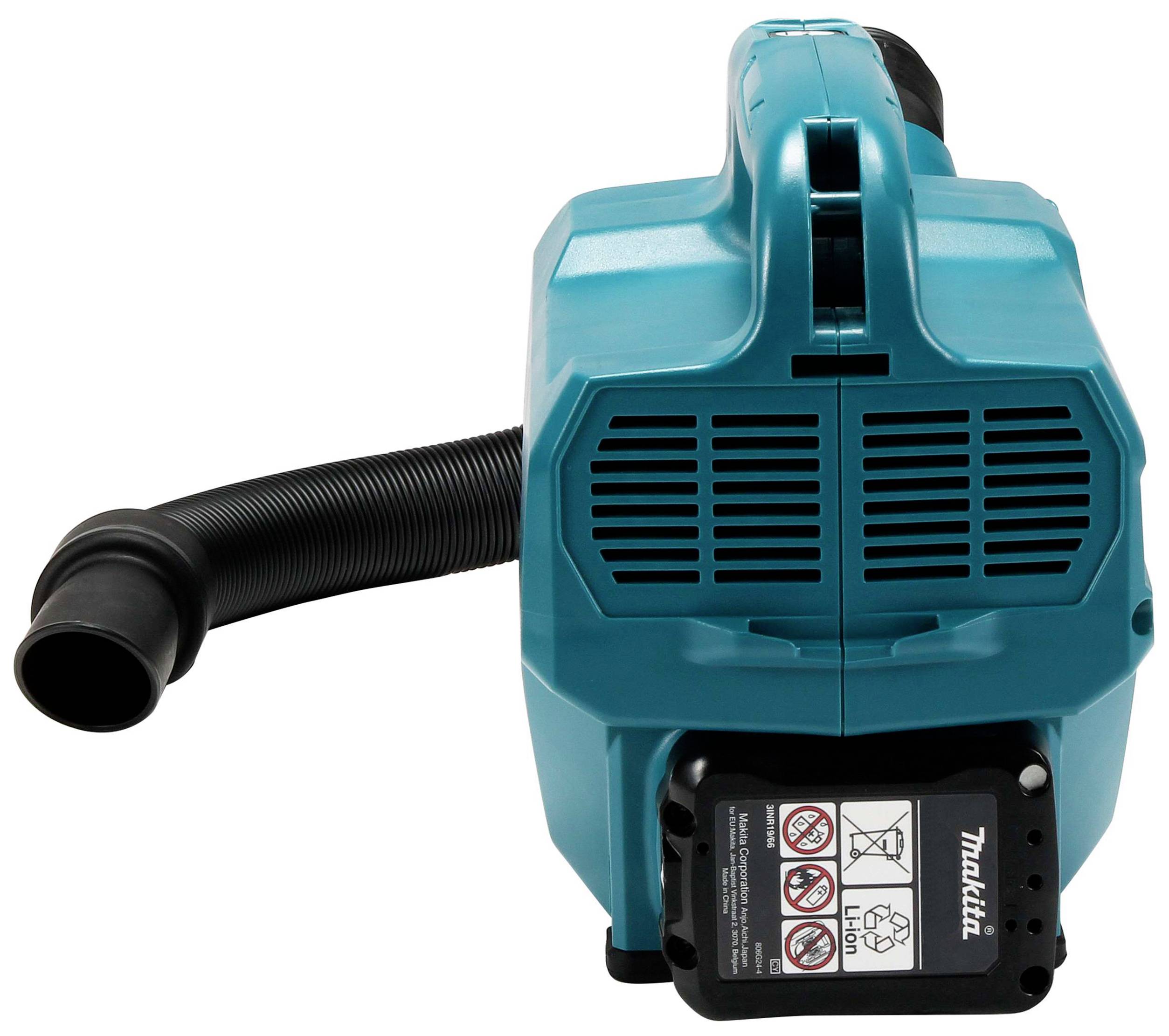 Aspirateur traîneau de couleur bleue avec un tuyau noir ; affiche des symboles d'avertissement et le logo de la marque sur la face avant de l'appareil.