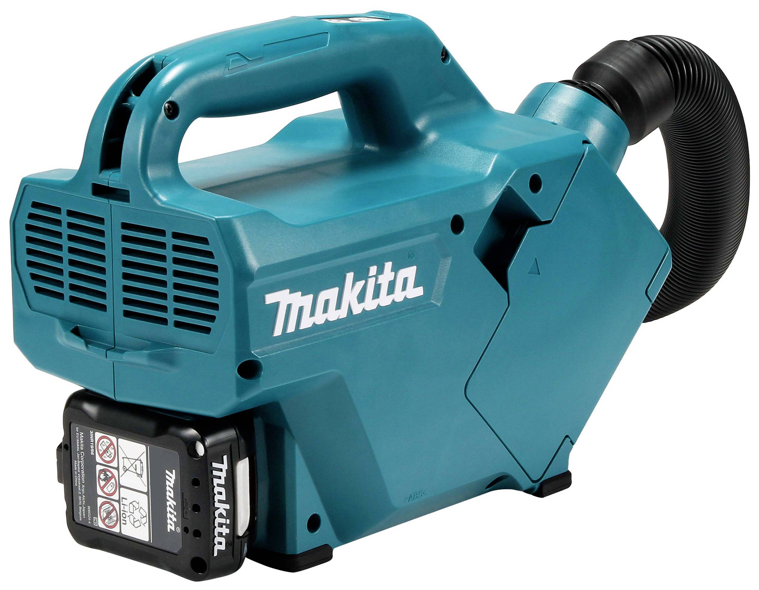 Un aspirateur portable Makita bleu fonctionnant sur batterie, conçu pour le nettoyage sans fil, présenté de profil.